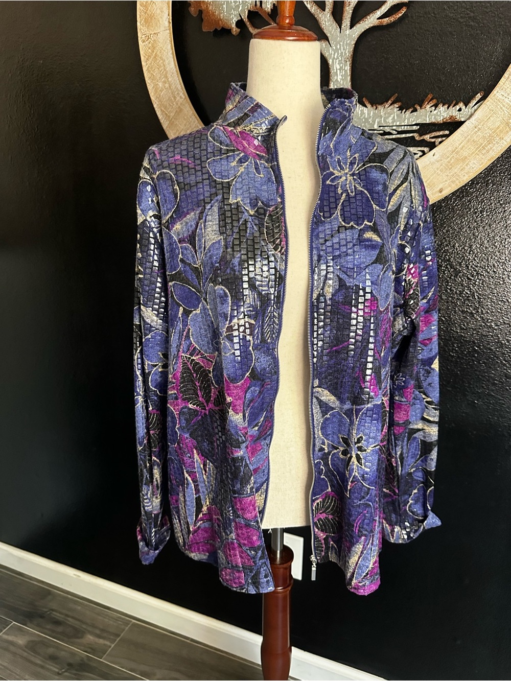 Floral Zip-Front Jacket in Purple and Black